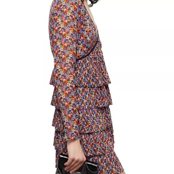 The Kooples Floral Tiered Ruffle Mini Dress US Size 6 Black Multicolor - Picture 3 of 10